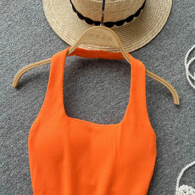 Women's Solid Color European And American Halter Spaghetti Straps Orange Red - Shop at LoveMi