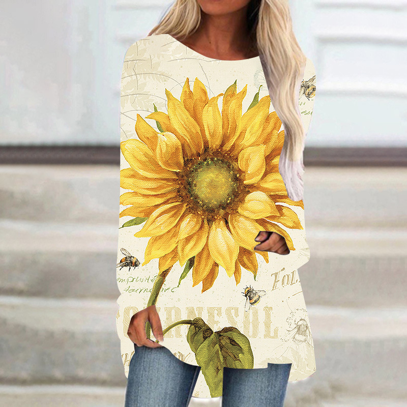 3D Digital Printing Women's Round Neck T-shirt Sunflower