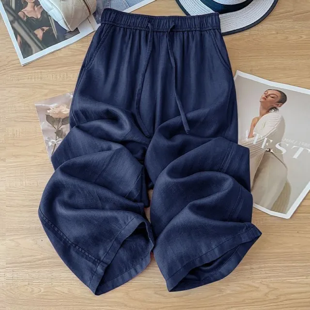 High Waist Drape Linen Cropped Straight Pants Navy Blue - Shop at LoveMi