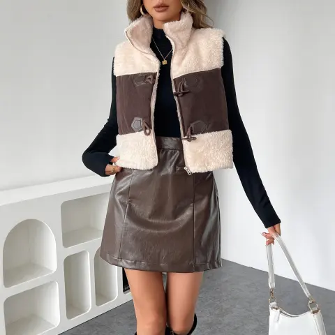 New Color-blocked Lambswool Vest with Integrated Leather and Fur