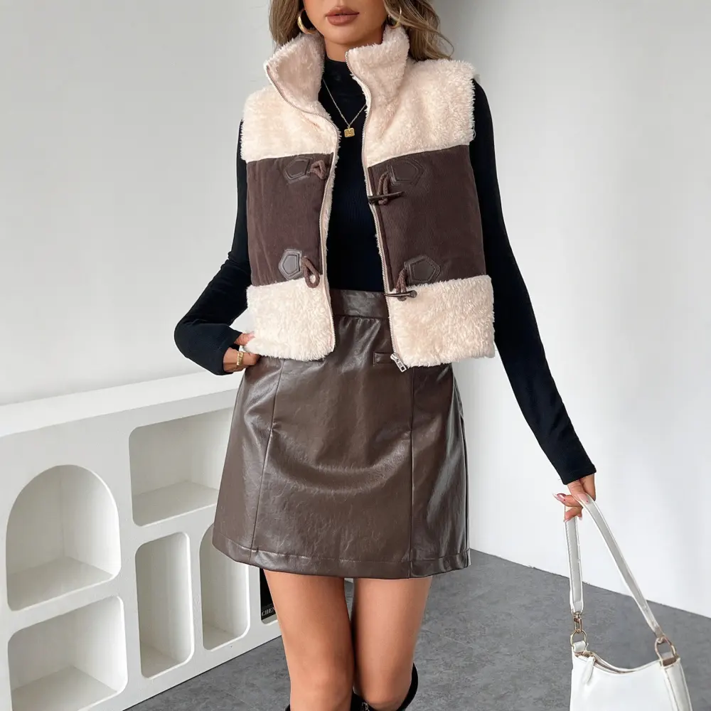 New Color-blocked Lambswool Vest with Integrated Leather and Fur