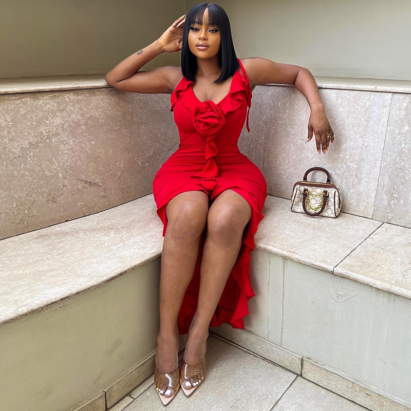 Solid Color Sleeveless Strap Flower Decoration Irregular Dress