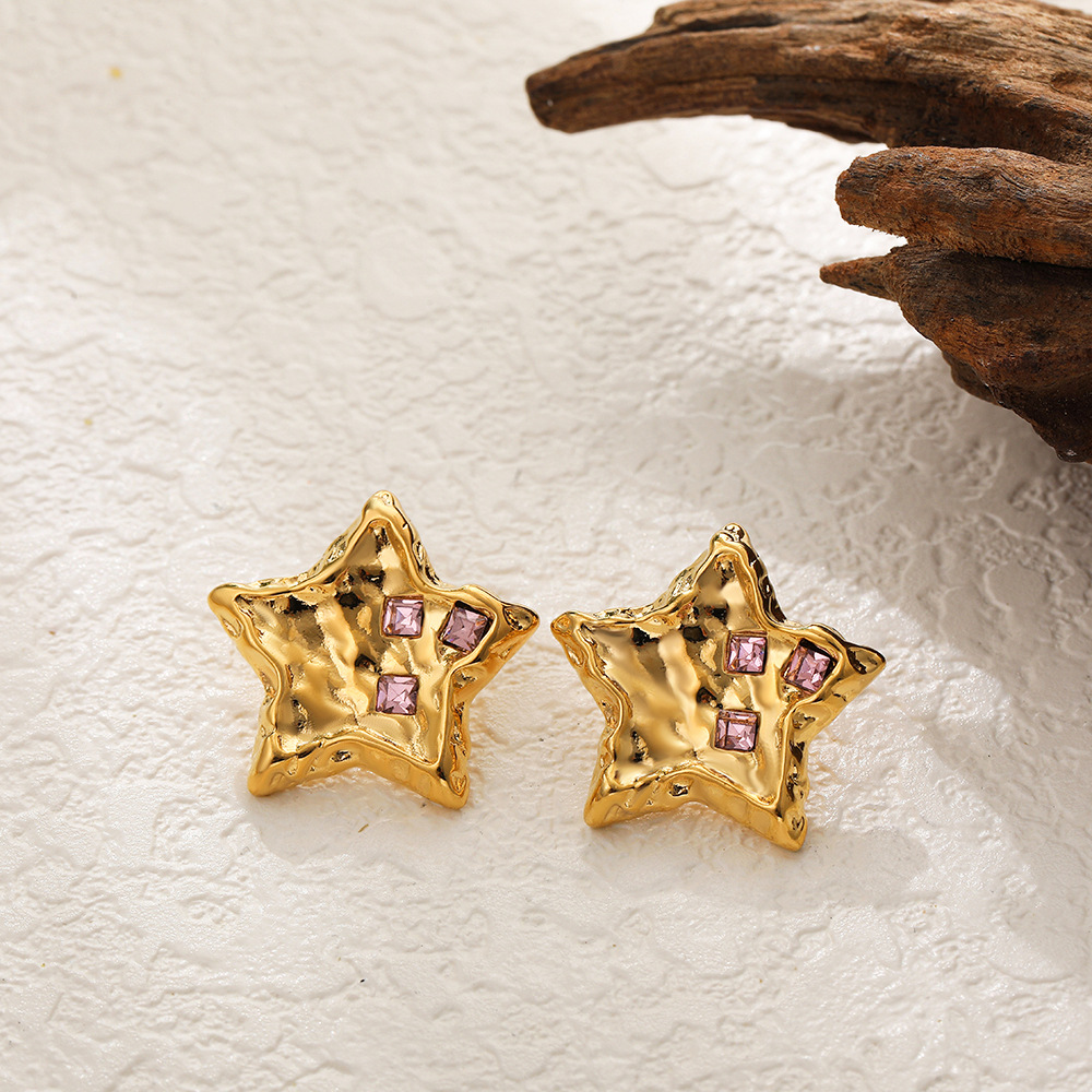 Retro Style Five-pointed Star Stainless Steel Earrings With Diamonds