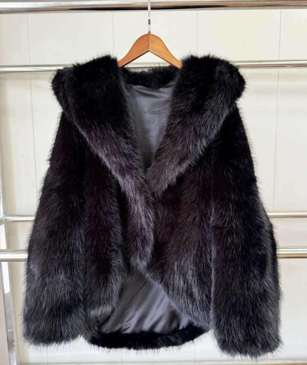 Women's Green Fur Faux Fox Fur Hooded Coat - Black