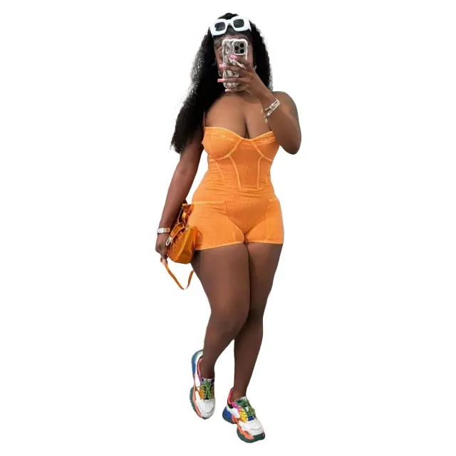 Sleeveless Strap Tube Top Tight One piece Pocket Shorts Orange - Shop at LoveMi