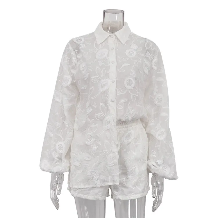 Embroidered Transparent Shirt High Waist Shorts - Red