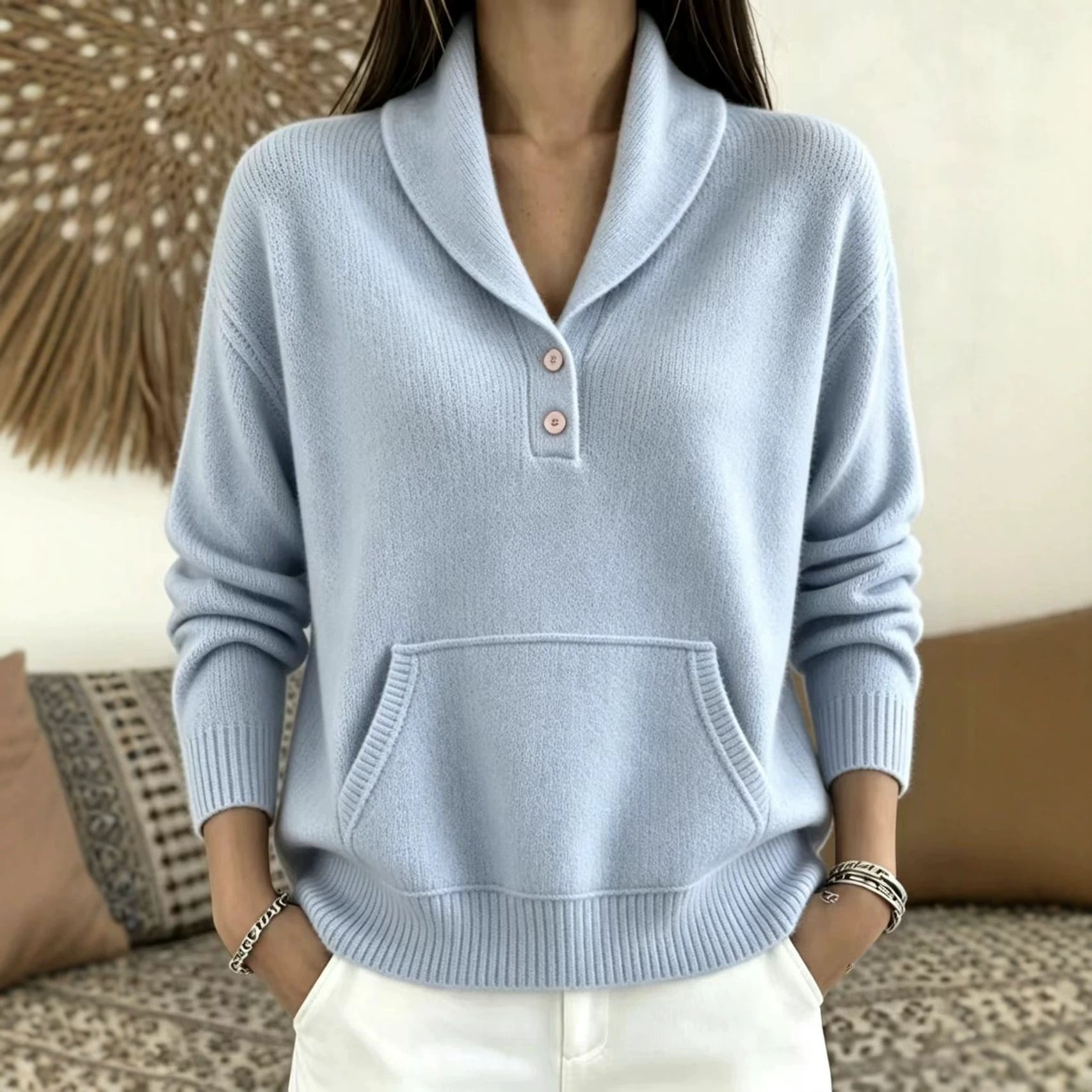 Suit Collar Button Kangaroo Pocket Sweater For Women 5