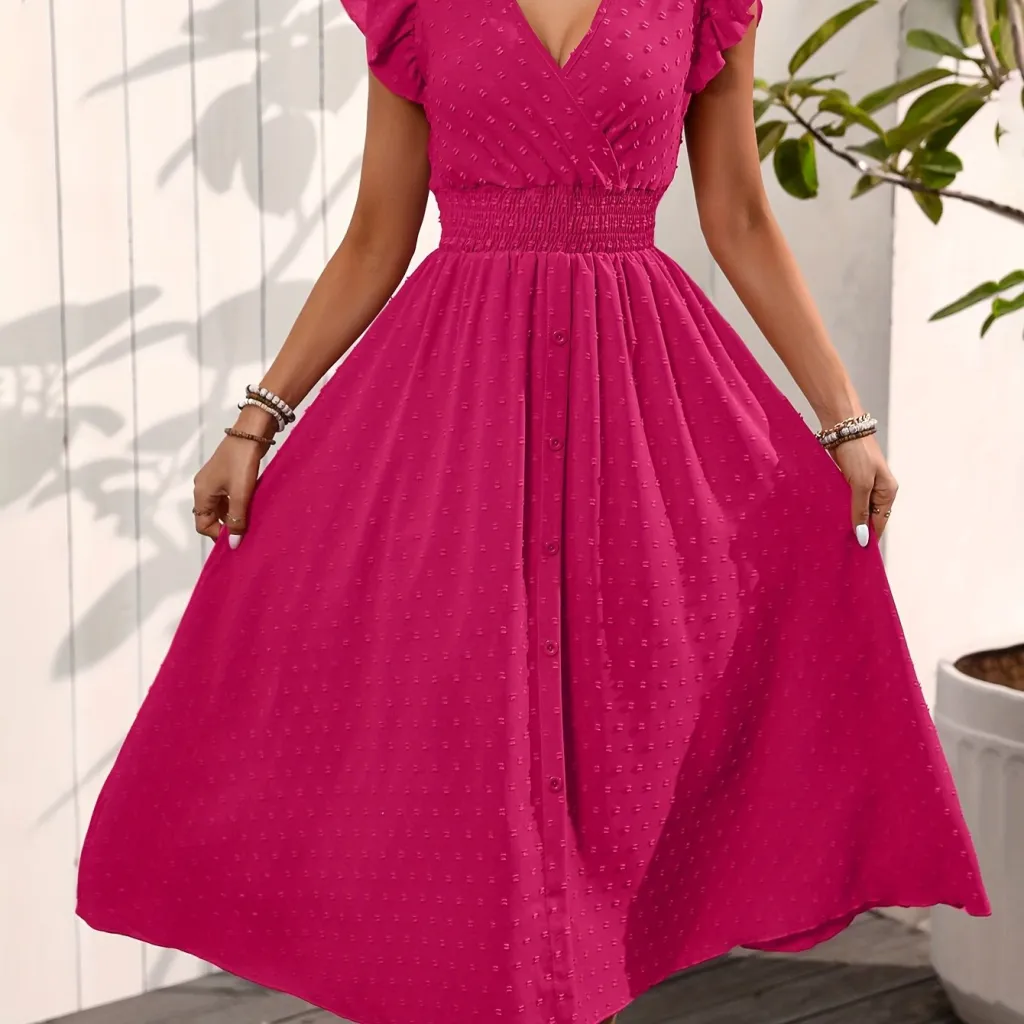 Elegant V-neck Ruffled Sleeve Women's Summer Short Sleeve Maxi Dress - Rose Red
