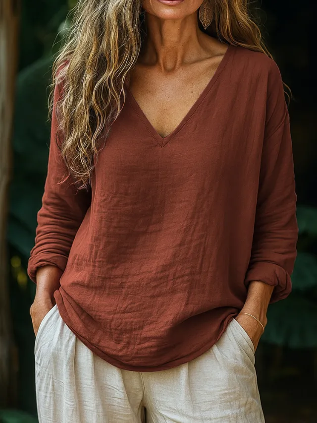 Casual Loose Fashion Cotton And Linen Long sleeved Top Light Brown - Shop at LoveMi