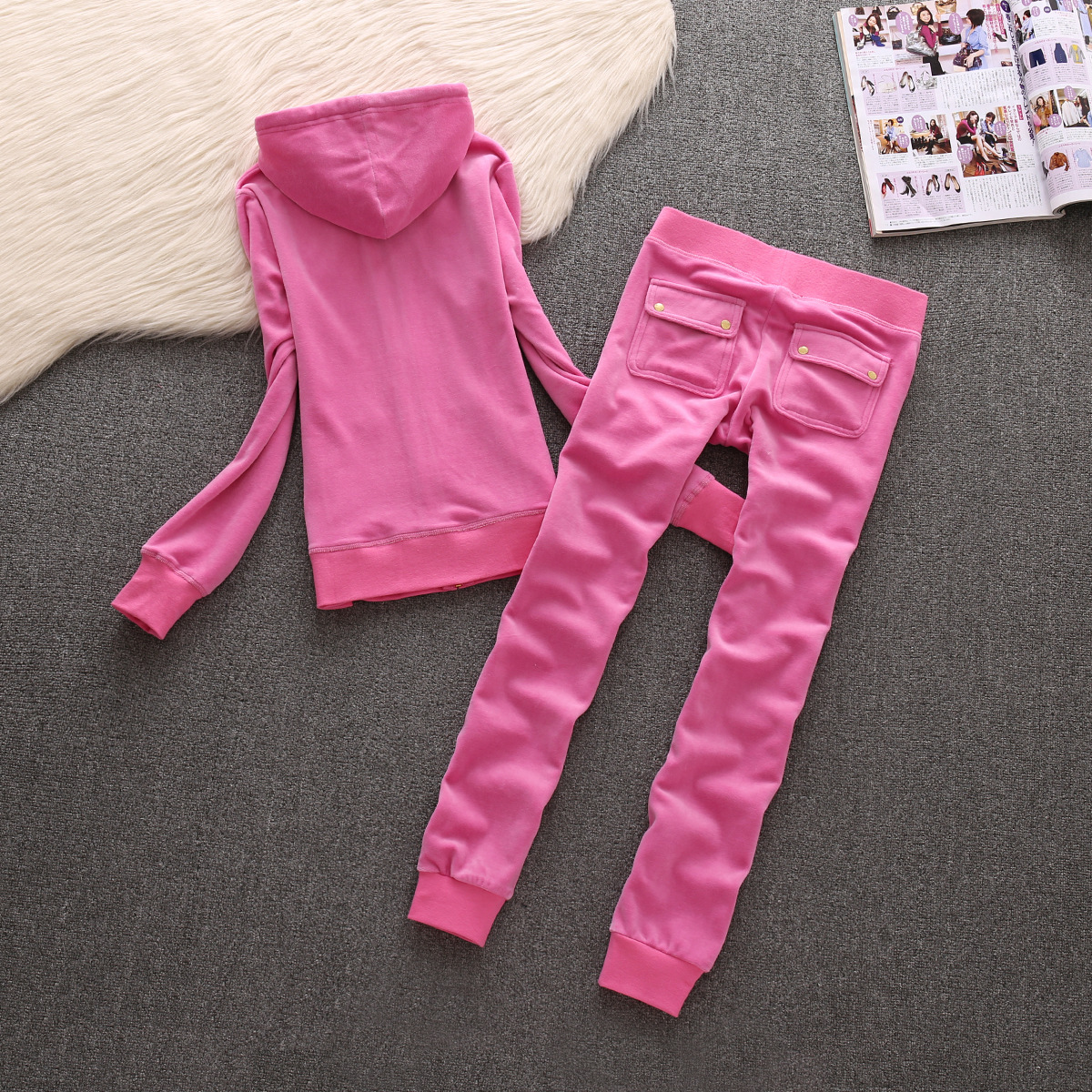 New Autumn Leisure Sports Suit Women's Velvet Slim-fit Hood Straight Solid Color
