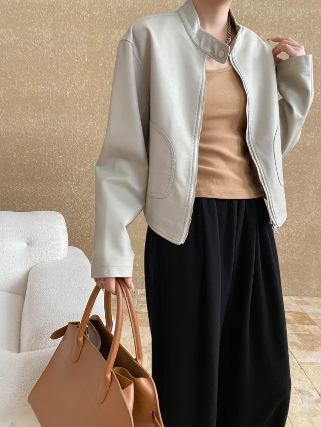 Locomotive Style Stand Collar Temperament Wild Jacket Beige - Shop at LoveMi