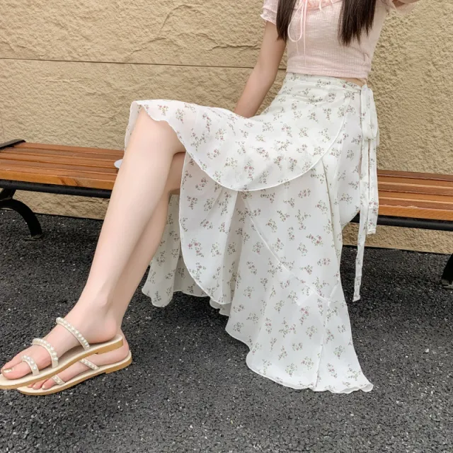 Printed Chiffon Flounced Skirt One Piece Asymmetric Skirt Mid length White - Shop at LoveMi