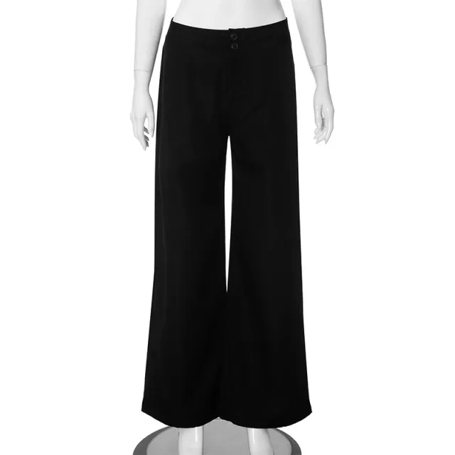 Solid Color High Waist Button Big Horn Loose Trousers Casual Pants Black - Shop at LoveMi