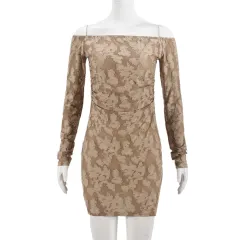 Women's Autumn High Elastic 3D Flower Cutout Backless Off-shoulder Long Sleeve Dress - Khaki - View 1