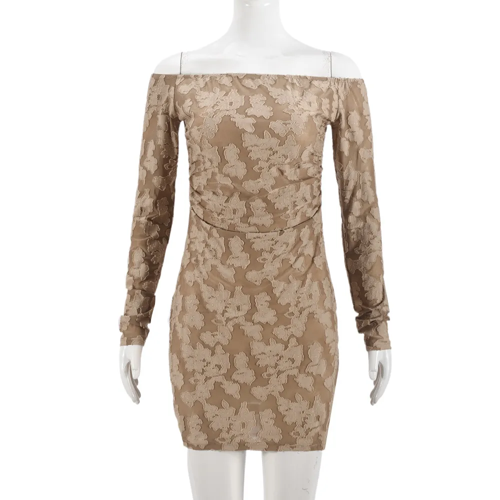 Women's Autumn High Elastic 3D Flower Cutout Backless Off-shoulder Long Sleeve Dress - Khaki