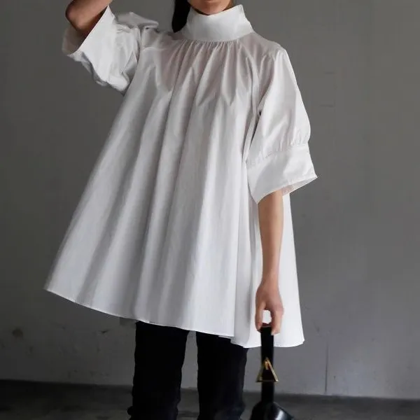 White Loose Bubble Sleeve Stand Collar Short Shirt - White