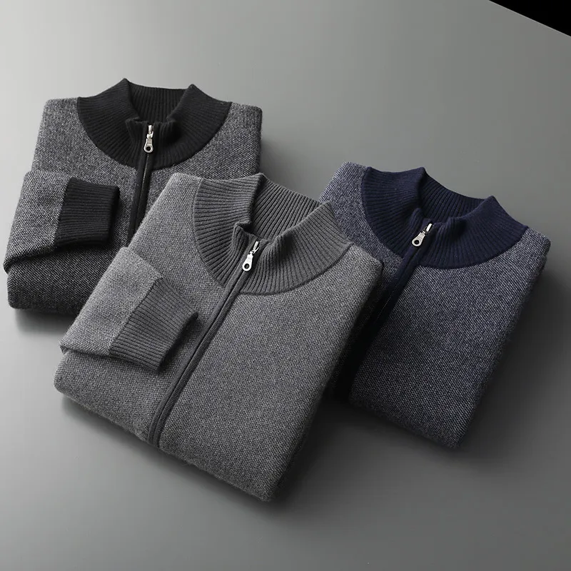 Cashmere Thickened Men's Half Turtleneck Zipper Knitted Cardigan