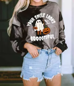 Women's Halloween Ghost Pattern Round-neck Sweater - Black - View 1