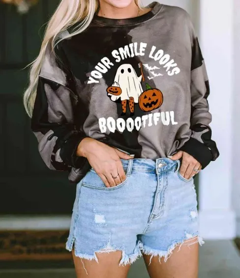 Women's Halloween Ghost Pattern Round-neck Sweater - Black