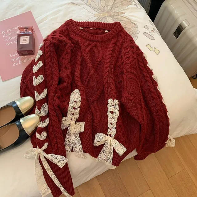 Red Sweater Animal Year Atmosphere Bow Design Sense Wine Red - Shop at LoveMi