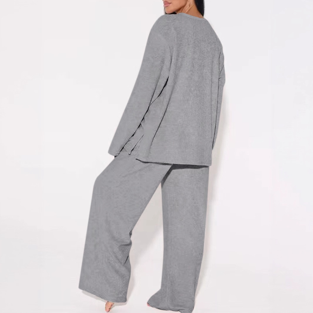 Women's Solid-color Ribbed Fleece Pajama Set