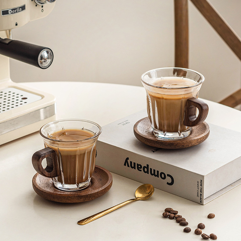 Premium Coffee Cup Set With Wooden Handle Coaster
