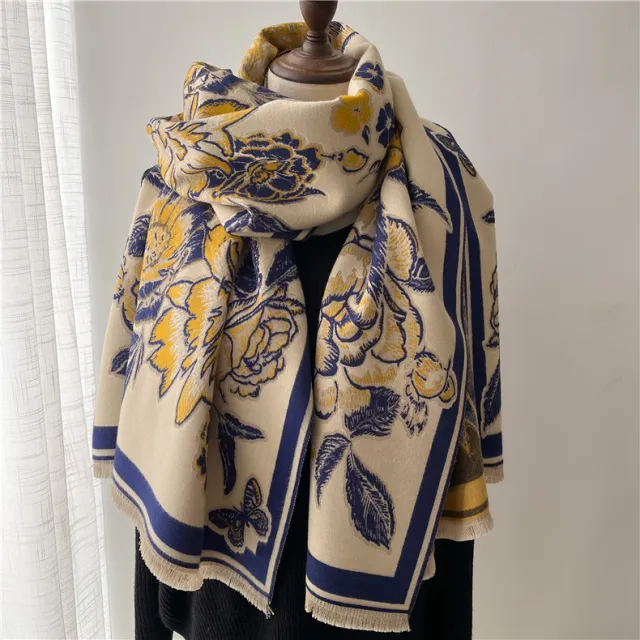 Artificial Cashmere Scarf Women's Vintage Ethnic Style Warm Gift Scarf Shawl Beige Blue - Shop at LoveMi