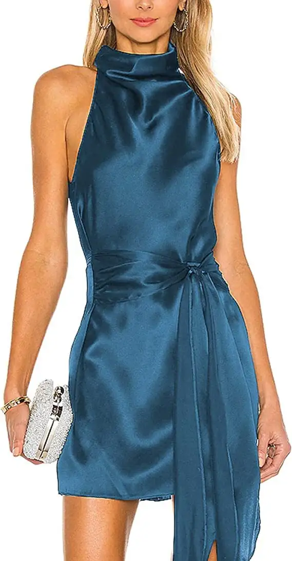 Halter Buckle Bare Back Satin Dress Women