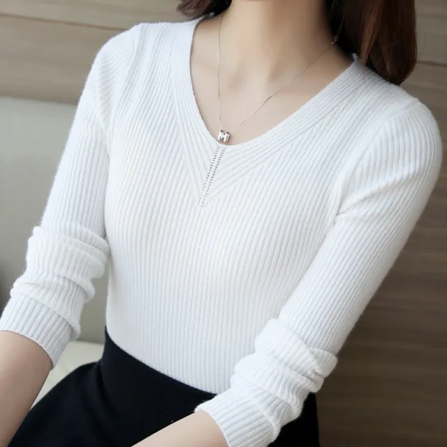 Women's Slim fit Long sleeved Pullover Skinny V neck Sweater White - Shop at LoveMi