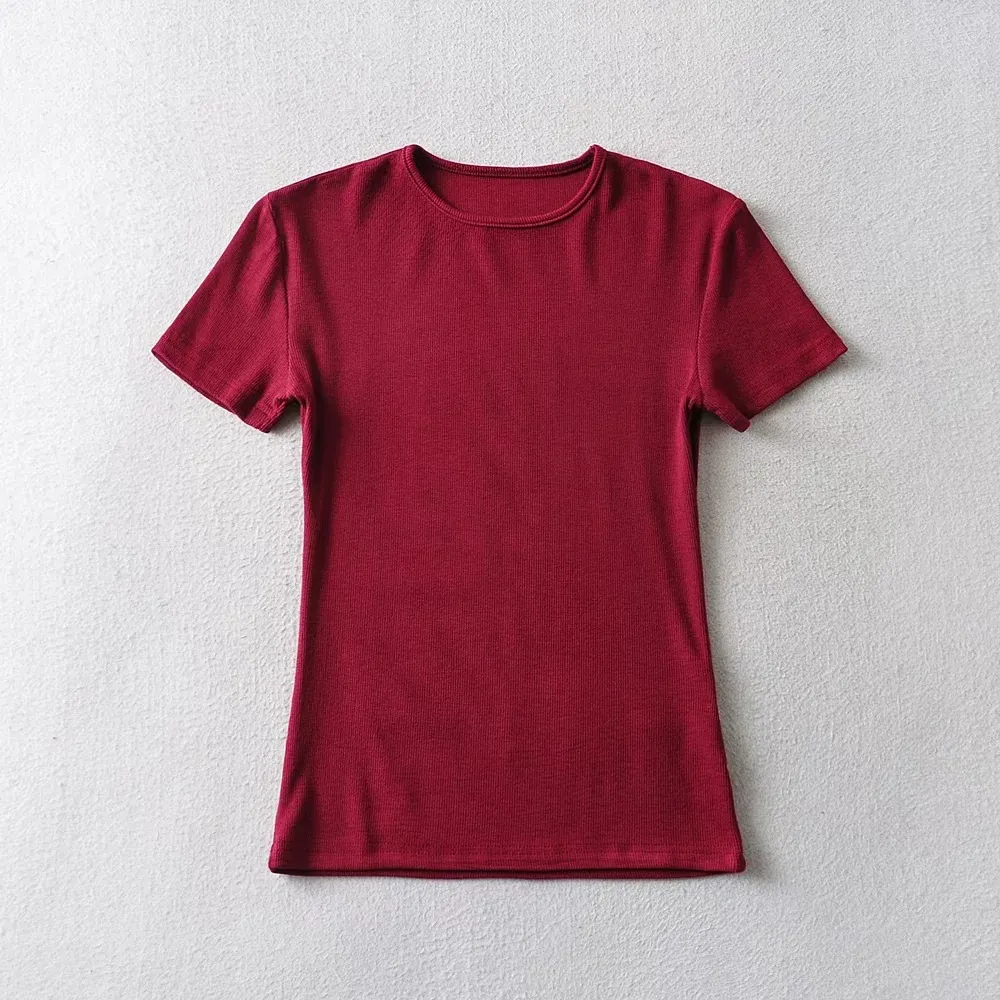 Women's Solid Color Round Neck Pullover Short Sleeve T-shirt - Wine Red