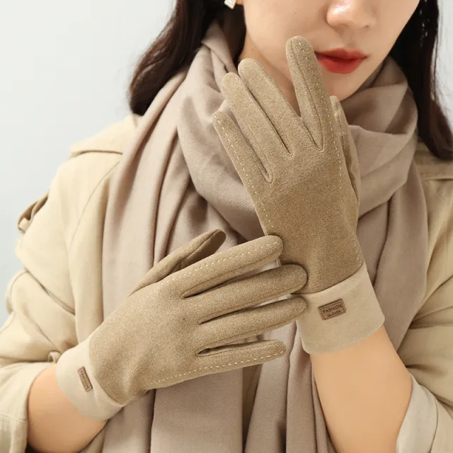 Women's Winter New Dralon Fleece lined Warm Korean style Cold proof Touch Screen Riding Outdoor Driving Gloves For Students Khaki - Shop at LoveMi