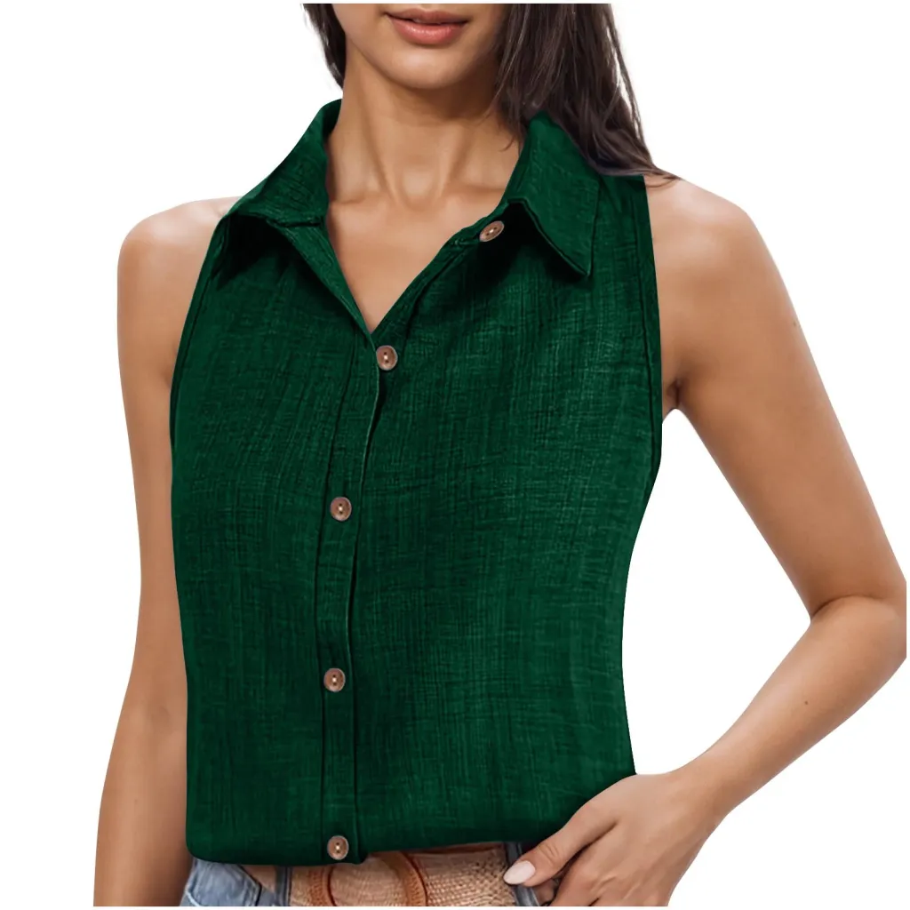 Lapel Cotton Linen Button Sleeveless Shirt Women's Clothing - 55 Style-M