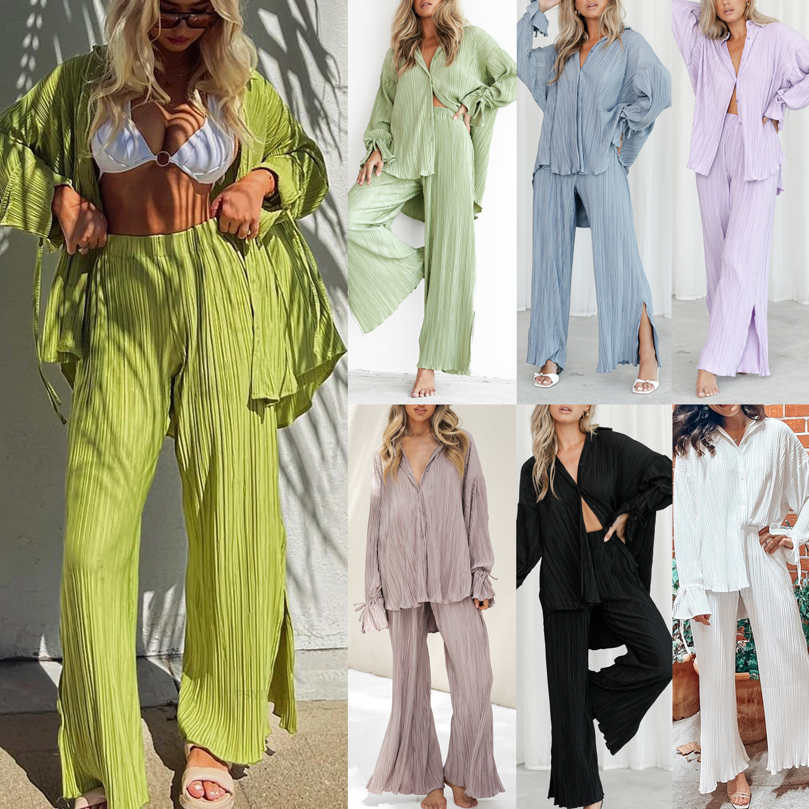 Fashion Suit Pleated Shirt Long Sleeve Split Pajamas Two-piece Set
