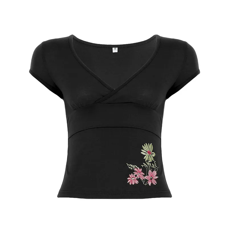 Printed V-neck Slim Fit Slimming Retro Basic Short Sleeve Top - Black