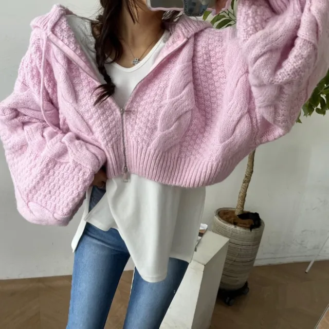 Autumn Leisure Long sleeve Zipper Hooded Sweater Pink - Shop at LoveMi