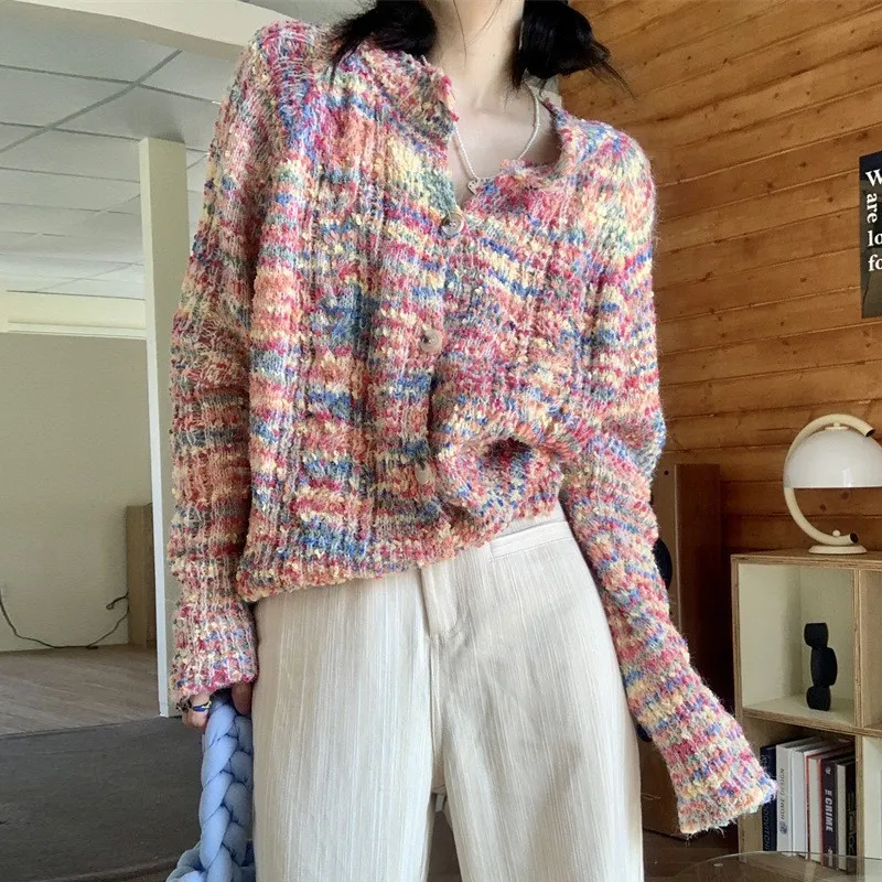 Retro Gentle Idle Style Knitted Rainbow Sweater