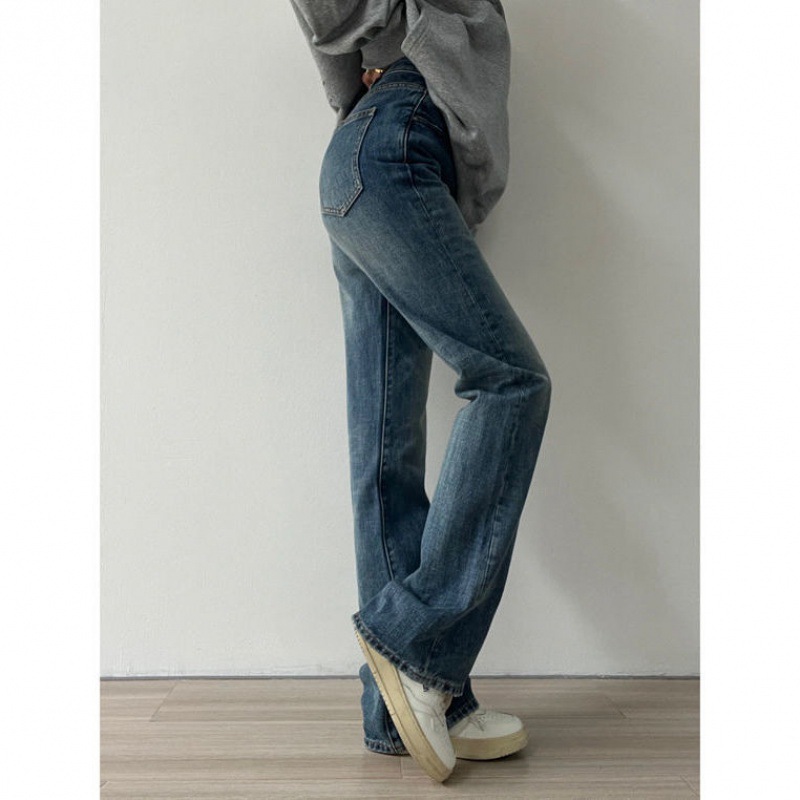 Flared Denim Jeans For Women Straight  Loose-fit Pants Retro