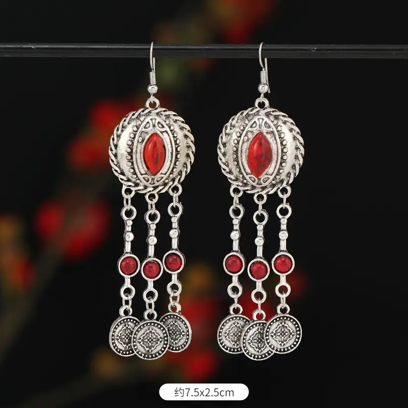 Retro Exotic Antique Silver Coin Tassel Earrings