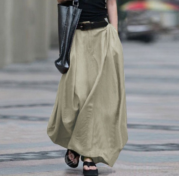 Women's High-Waist Flared Maxi Skirt in Gray – solid color cotton linen elegant commuter