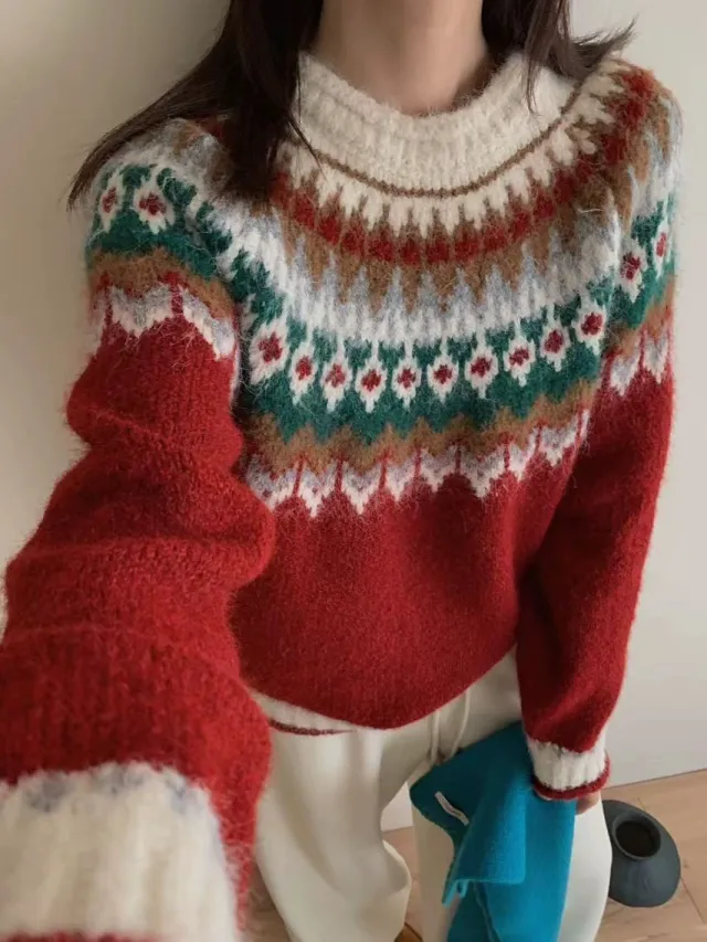 Retro Knitted Pullover Sweater Women's Loose Long Sleeve Top Red - Shop at LoveMi