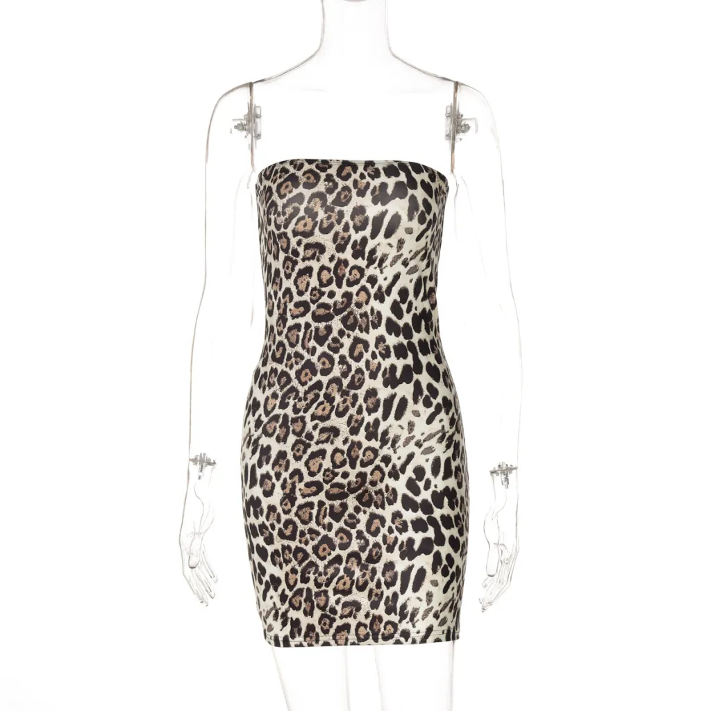 Leopard Print Cold-shoulder Bodycon Waist Tube Top Dress - Leopard Print