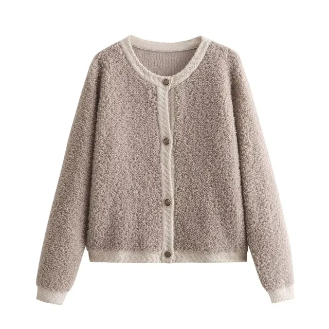 Button Decoration Terry Yarn Knitting Cardigan Jacket Khaki - Shop at LoveMi
