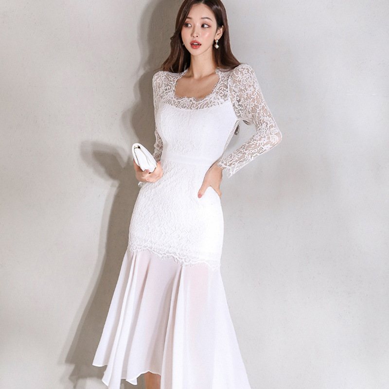 Lace Chiffon Patchwork Waist-tight Sheath Fishtail Dress