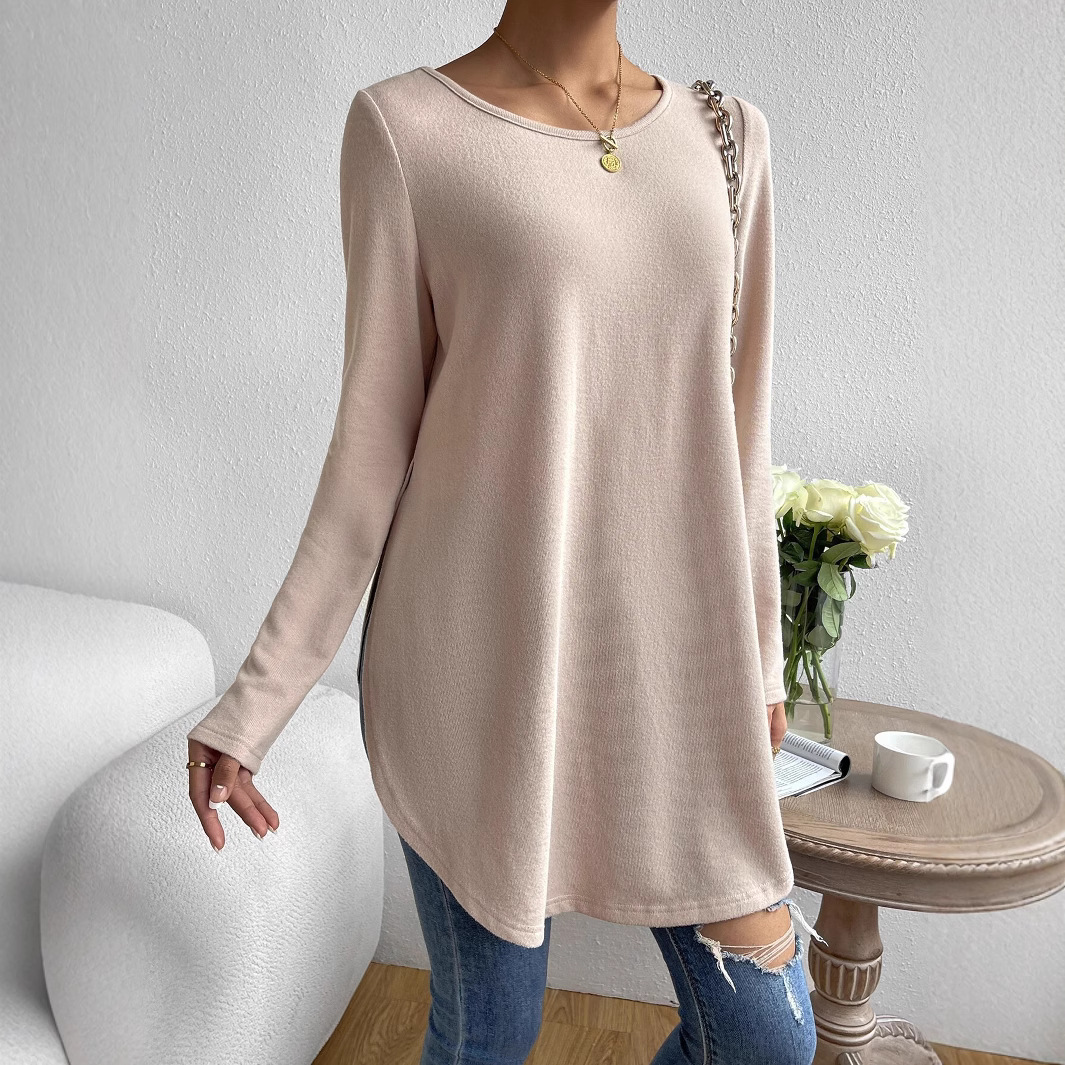 Casual Slit On Both Sides Hem Solid Color Round Neck Long Sleeve T-shirt