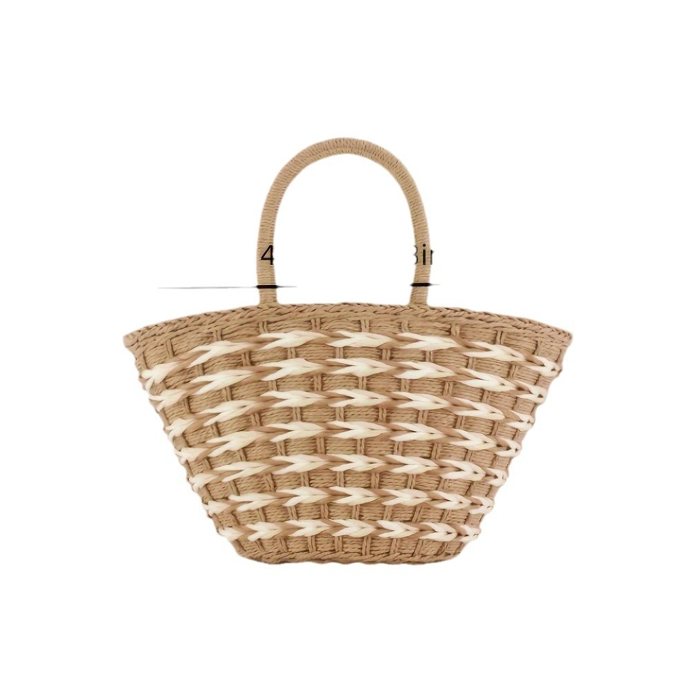 Color-Block Womens Handwoven High-Capacity Shoulder Beach Basket Bag For Vacation
