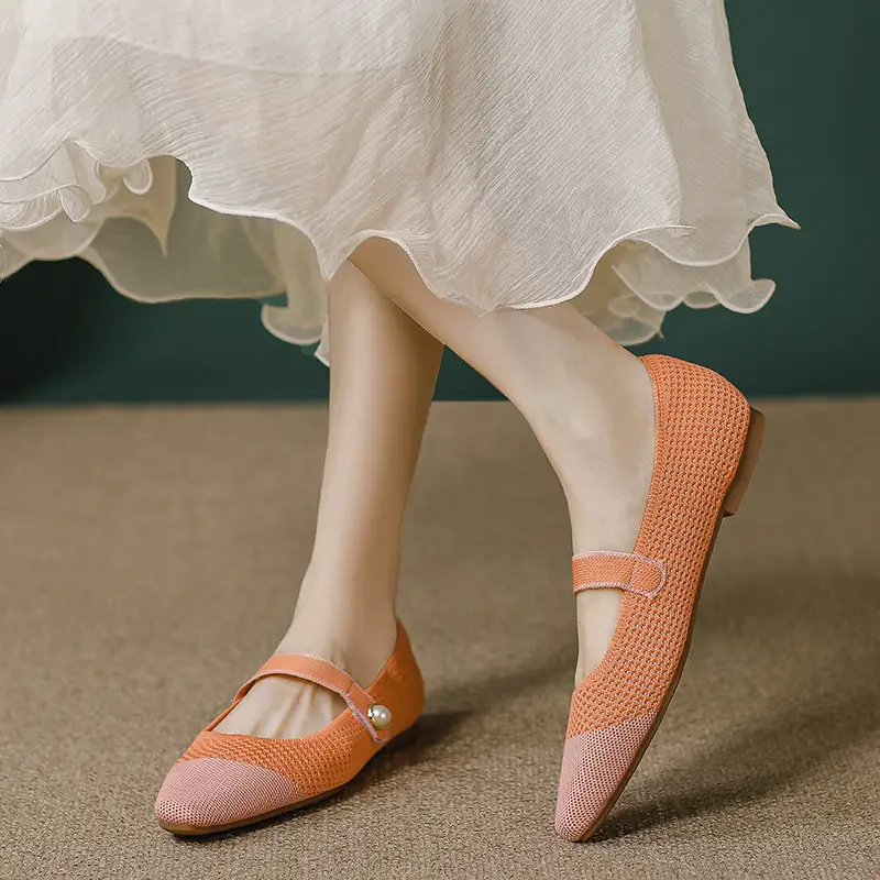 Springautumn Japanese-style Womens Knit Ballet Flats With A Single Strap And A Square Toe