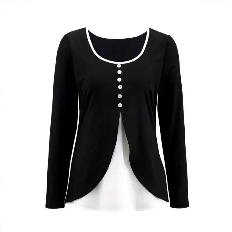 Casual Contrast Color Women's Two-piece Long-sleeved T-shirt - Black