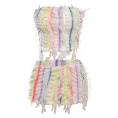 European And American Sleeveless Tube Top Cropped Striped Tassel Shorts Suit - Colour - View 1