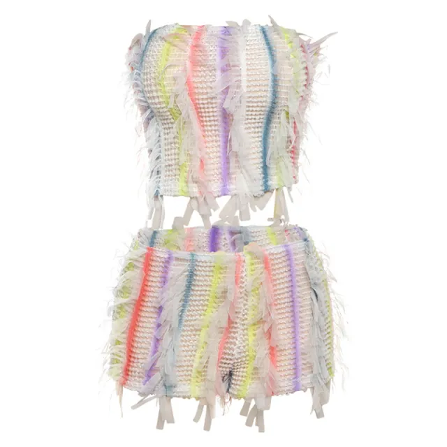 European And American Sleeveless Tube Top Cropped Striped Tassel Shorts Suit Color - Shop at LoveMi