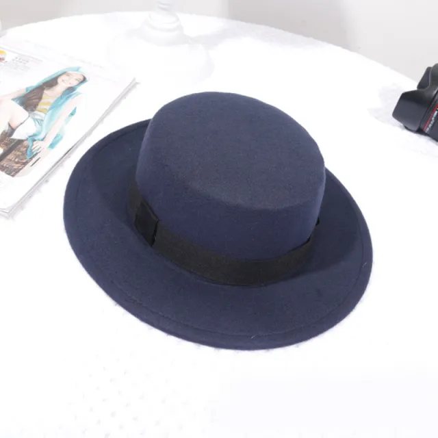 Flat Top Retro British Big Brim Fedora Hat Street Leisure Navy Blue - Shop at LoveMi